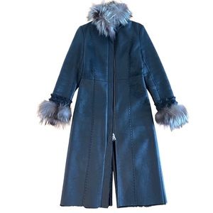 Black MIDI Leather Shearling Coat with Genuine Fox Fur sz XS